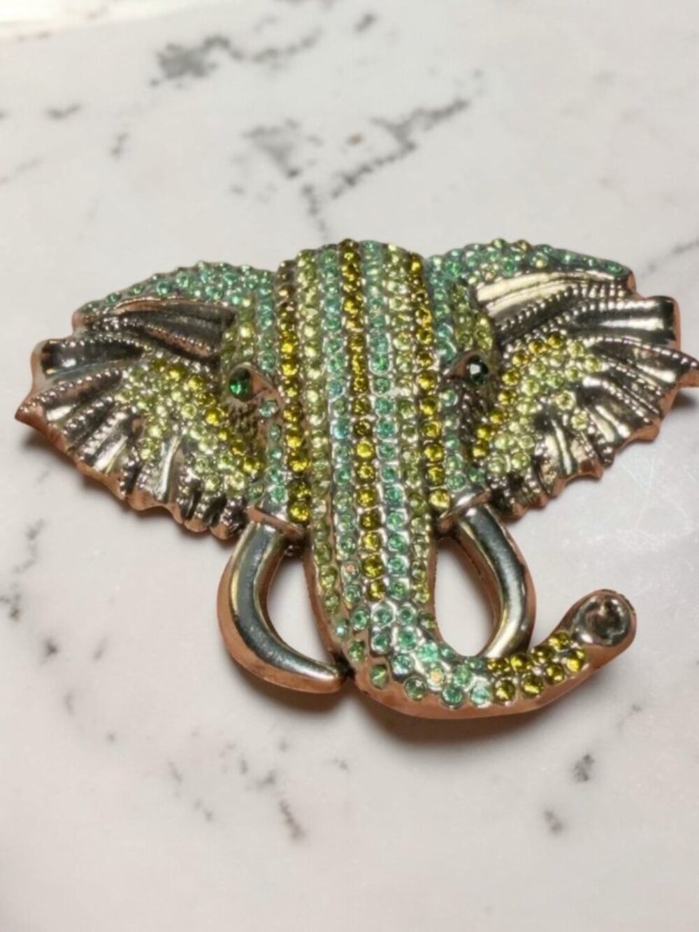 Elephant Brooch Green Rhinestone Statement Lucky Trunk Up 3"